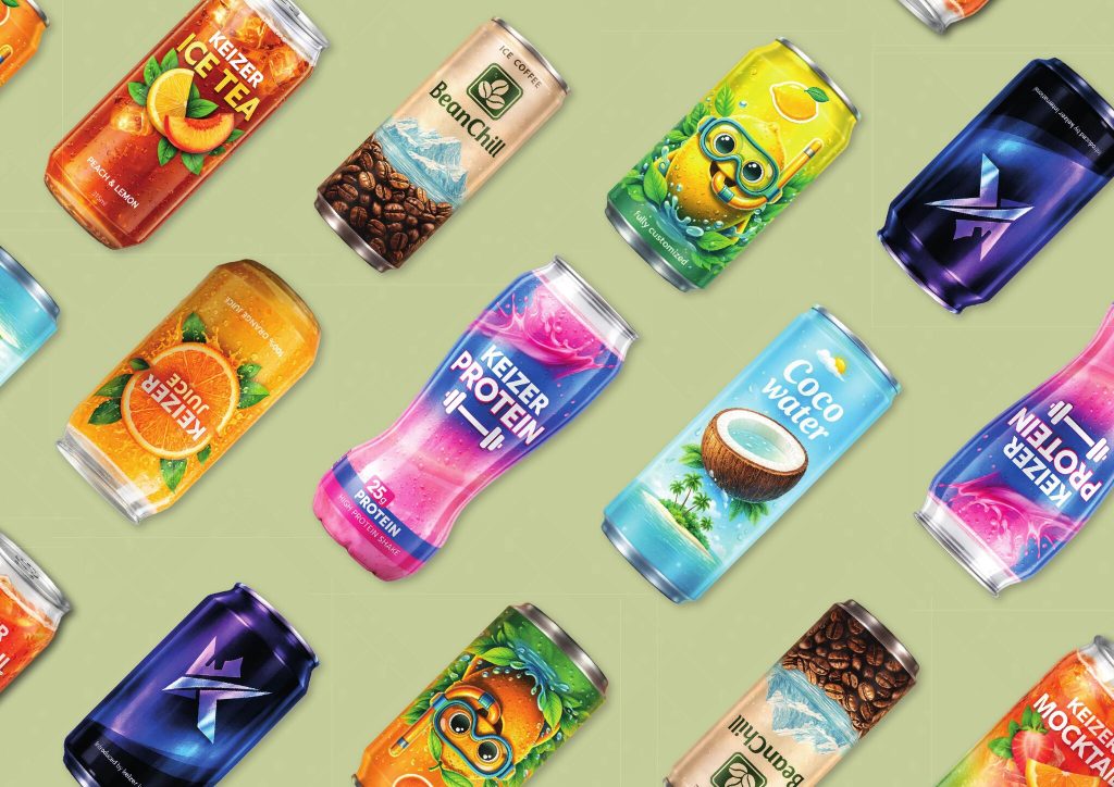 Impression spread with cans and bottles in various designs
